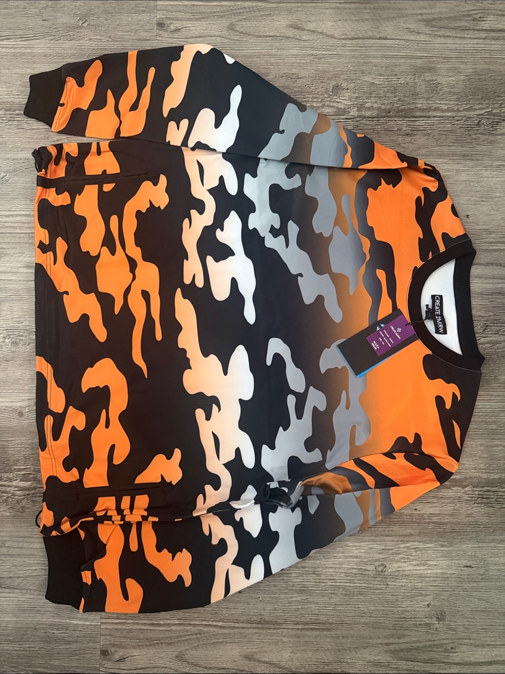 CREATE 2MRW Men’s 3XL Orange Black Camo Fleece Lined Pullover Sweatshirt
